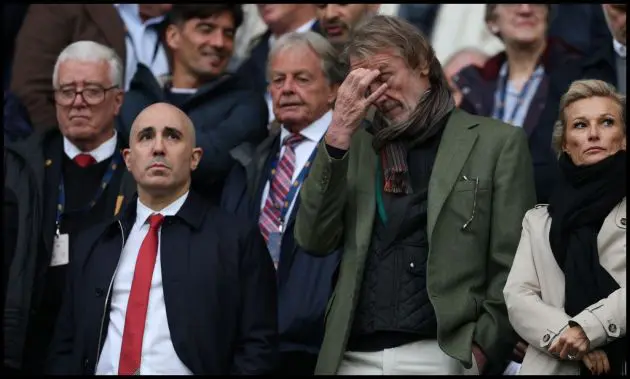 Sir Jim Ratcliffe looks stressed alongside Omar Berrada as they watch Man United vs Man City.