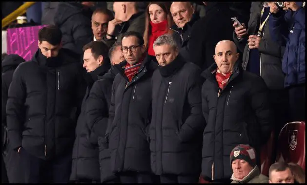 Omar Berrada and Jason Wilcox watch Man United take on Burnley at Turf Moor.