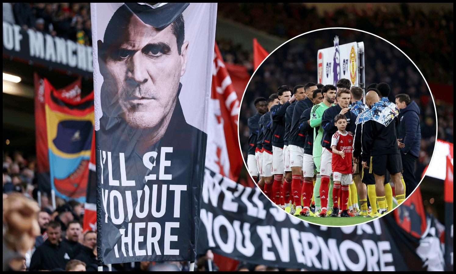 Man United fans hold up a Roy Keane flag at Old Trafford.