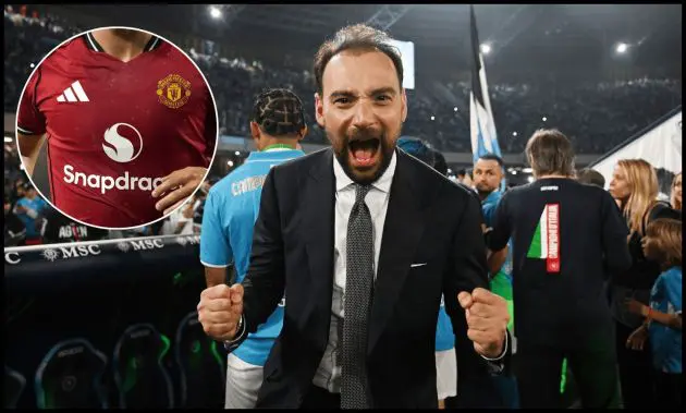 Giovanni Manna celebrates Napoli’s title win.