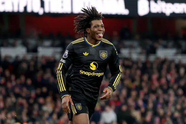 Patrick Dorgu celebrates scoring against Arsenal.