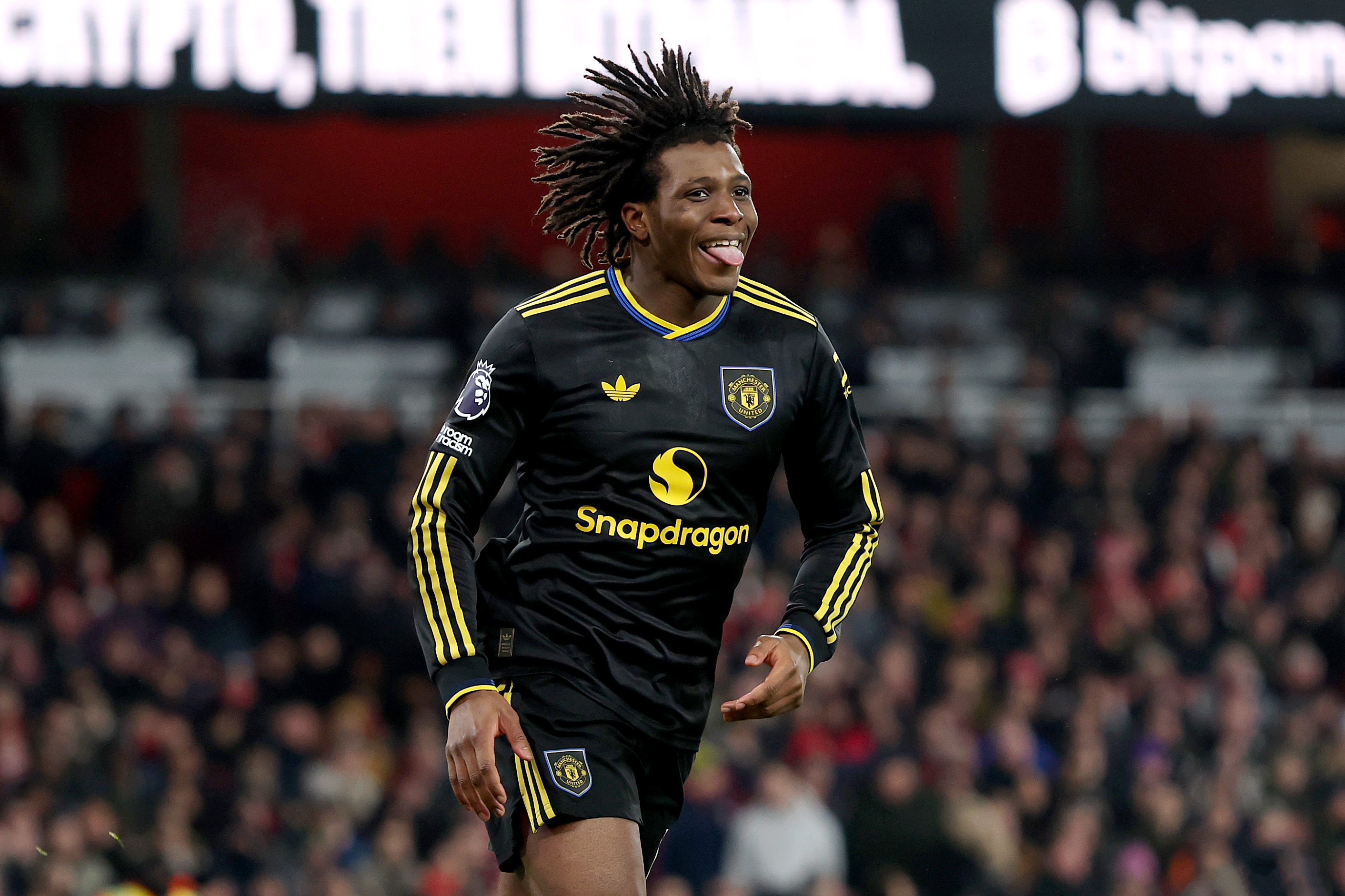 Patrick Dorgu celebrates scoring against Arsenal.