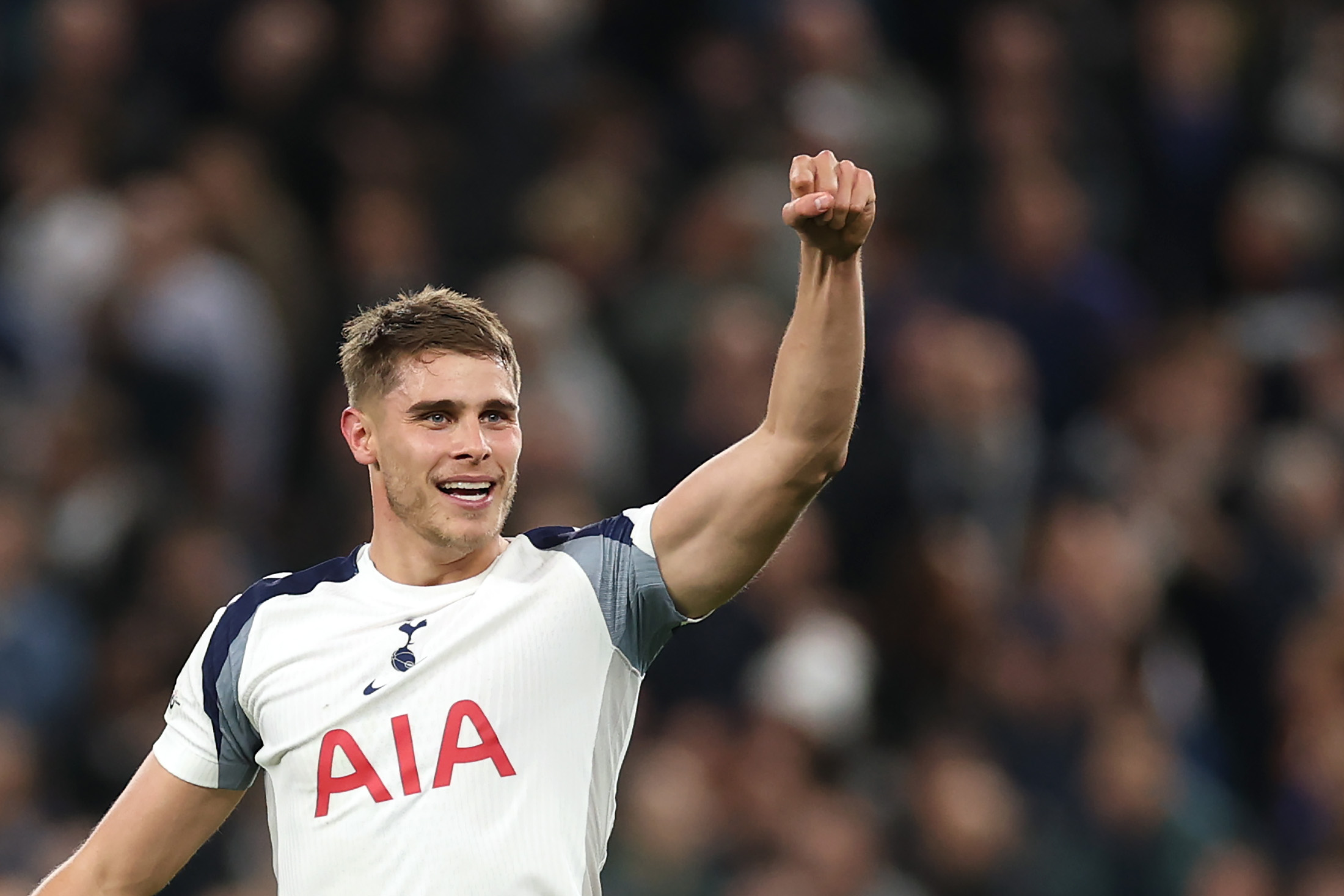 Micky Van de Ven celebrates a goal.