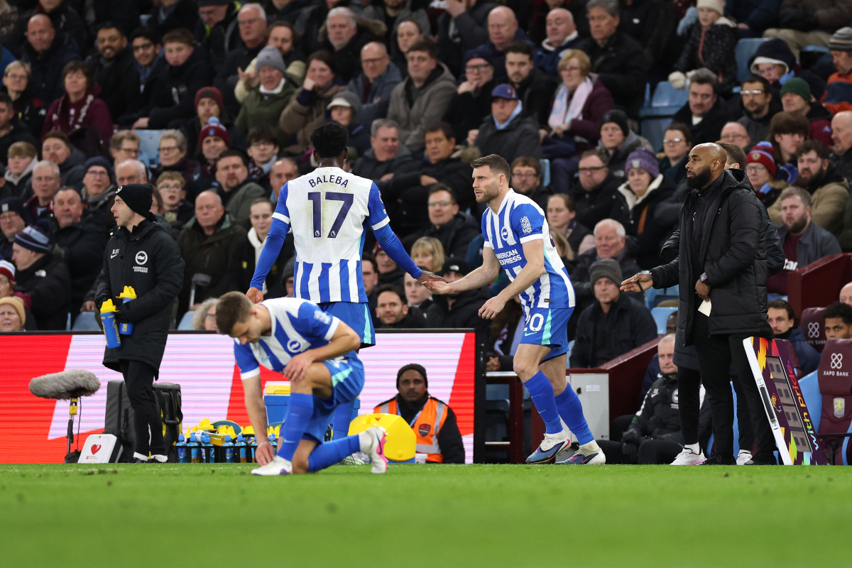 Carlos Baleba is replaced by James Milner after just 22 minutes vs Aston Villa.