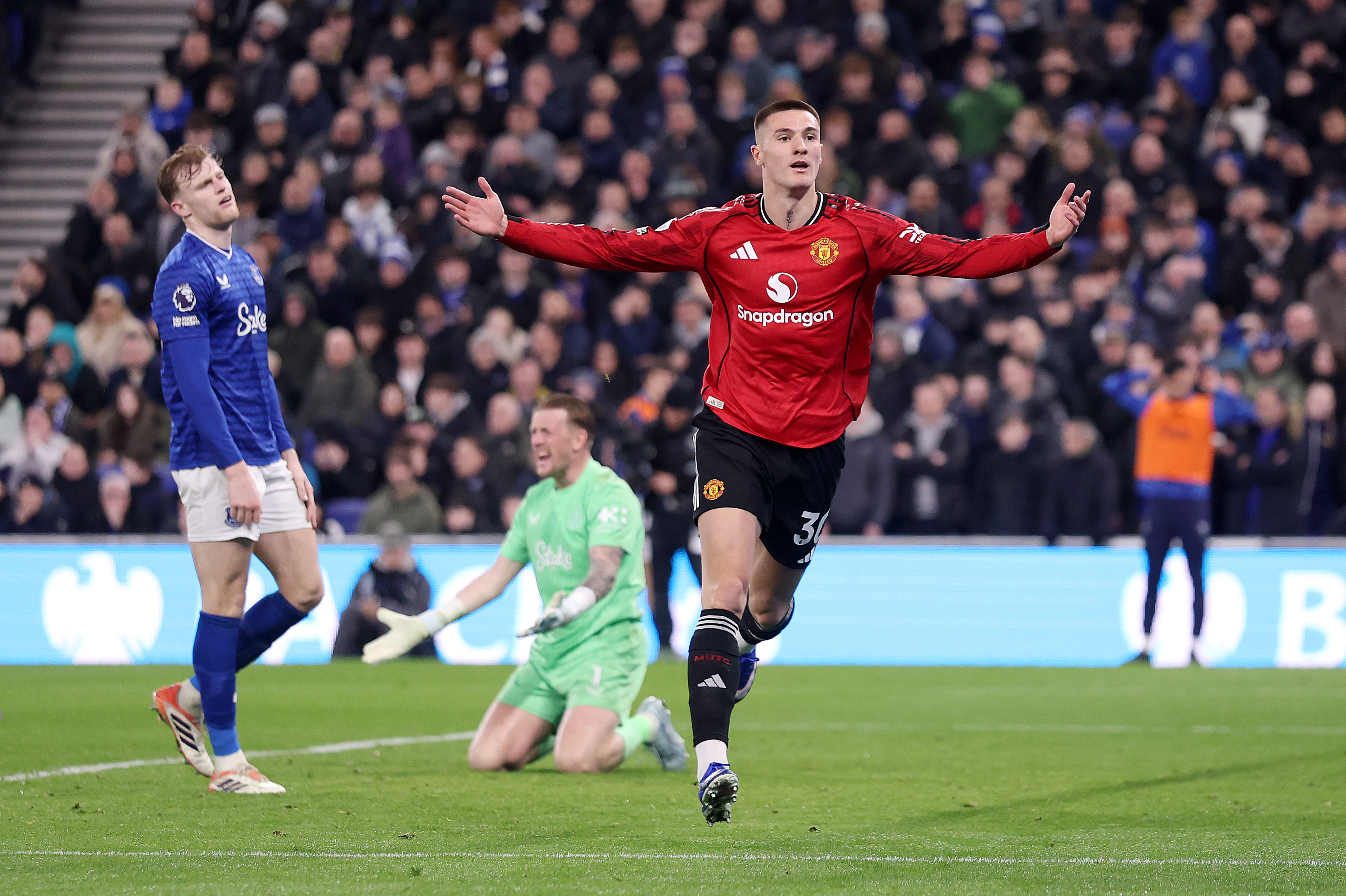 Benjamin Sesko runs off to celebrate after scoring vs Everton.