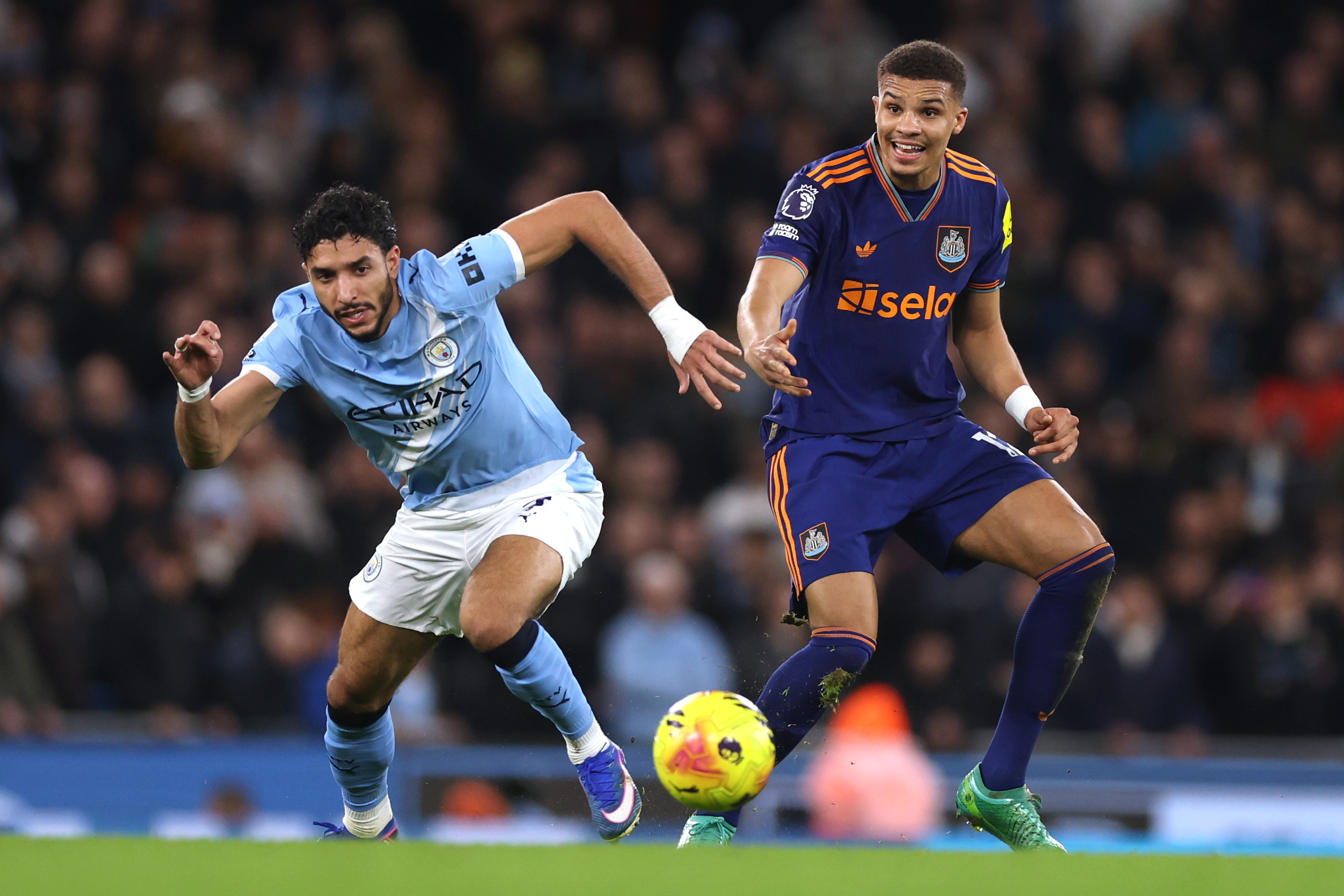 Newcastle’s Malick Thiaw vies with Man City’s Omar Marmoush. 