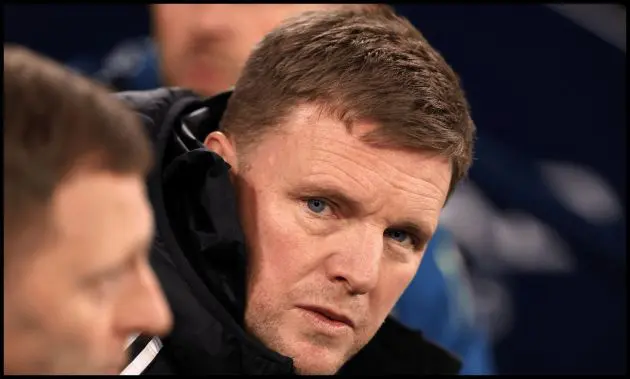Eddie Howe looks on from the Newcastle dugout ahead of kick-off.