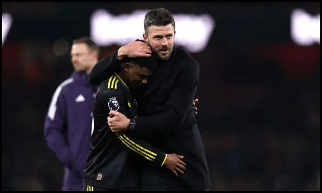 Michael Carrick embraces Amad Diallo after Man United’s win over Arsenal.
