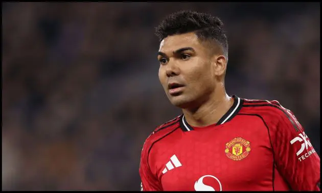LIVERPOOL, ENGLAND - FEBRUARY 23: Casemiro of Manchester United in action during the Premier League match between Everton and Manchester United at Hill Dickinson Stadium on February 23, 2026 in Liverpool, England
