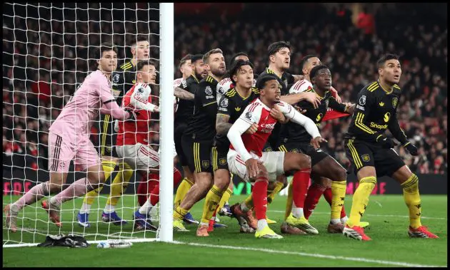 LONDON, ENGLAND - JANUARY 25: Gabriel of Arsenal is held by Lisandro Martinez of Manchester United for an oncoming corner during the Premier League match between Arsenal and Manchester United at Emirates Stadium on January 25, 2026 in London, England.