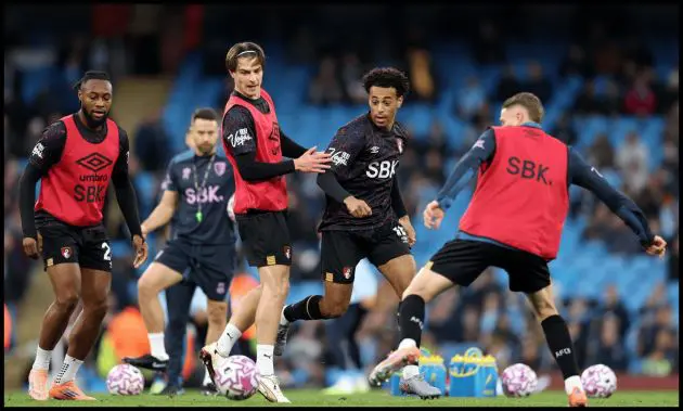 MANCHESTER, ENGLAND - NOVEMBER 02: Alex Scott and Tyler Adams of AFC Bournemouth warm up prior to the Premier League match between Manchester City and Bournemouth at Etihad Stadium on November 02, 2025 in Manchester, England.