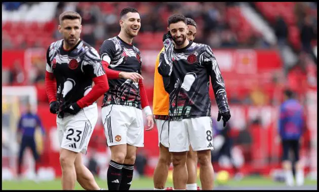 MANCHESTER, ENGLAND - MARCH 01: Diogo Dalot and Bruno Fernandes of Manchester United react as they warm up prior to the Premier League match between Manchester United and Crystal Palace at Old Trafford on March 01, 2026 in Manchester, England.