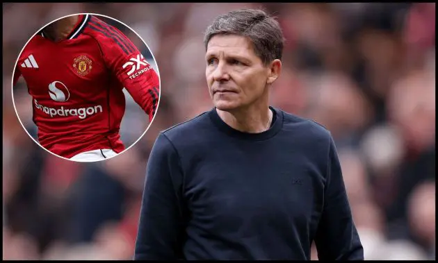 Oliver Glasner looks on from the touchline at Old Trafford.