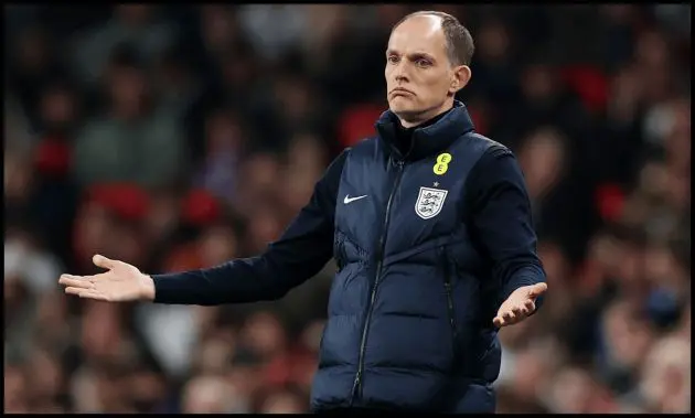 LONDON, ENGLAND - MARCH 31: Thomas Tuchel, Head Coach of England, reacts on the sidelines during the international friendly match between England and Japan at Wembley Stadium on March 31, 2026 in London, England.