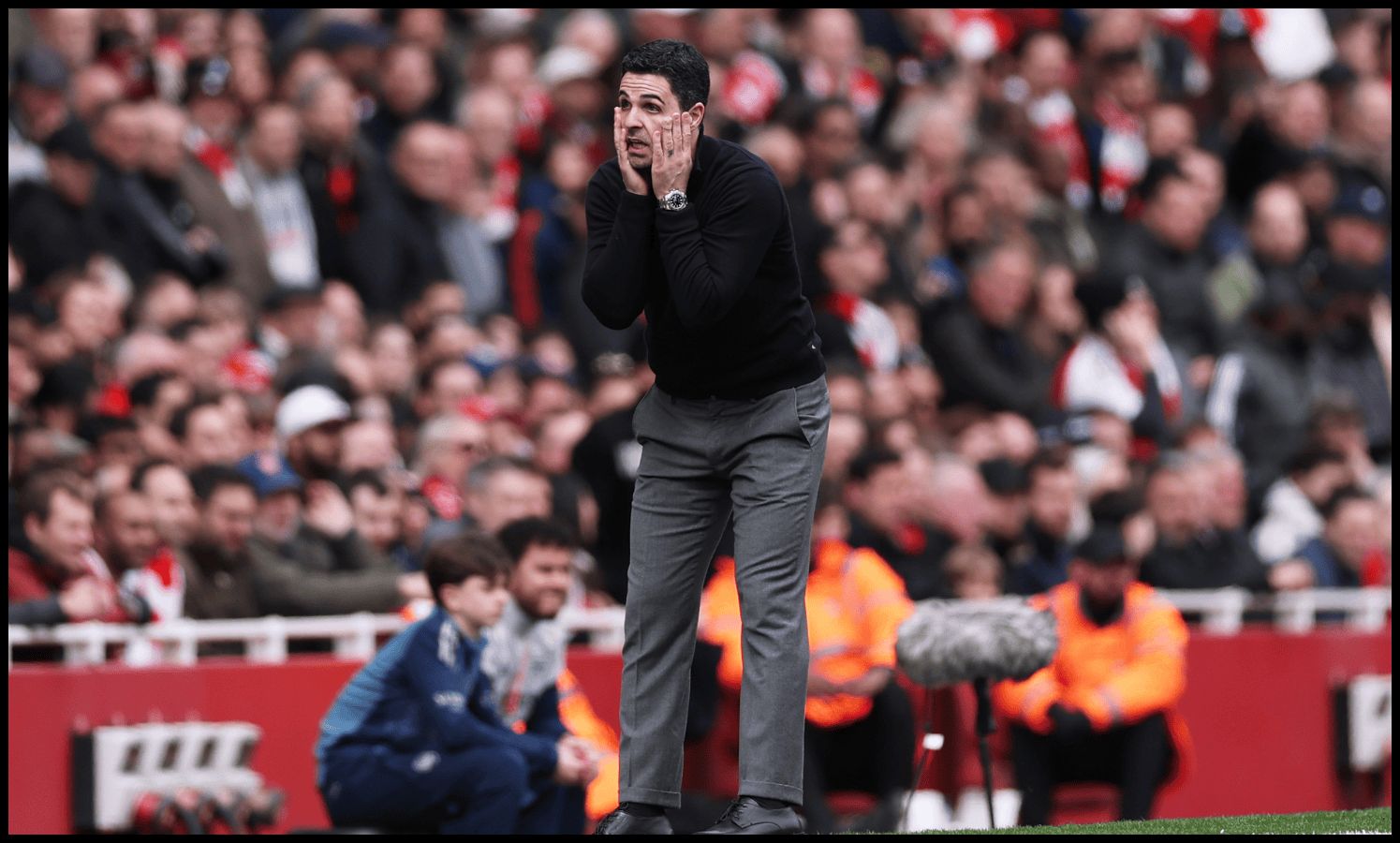 LONDON, ENGLAND - APRIL 11: Mikel Arteta, Manager of Arsenal, reacts during the Premier League match between Arsenal and Bournemouth at Emirates Stadium on April 11, 2026 in London, England.