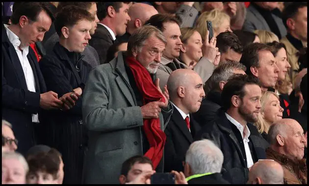 MANCHESTER, ENGLAND - APRIL 13: Sir Jim Ratcliffe, CEO of INEOS group and Omar Berrada, CEO of Manchester United, look on in the stands prior to the Premier League match between Manchester United and Leeds United at Old Trafford on April 13, 2026 in Manchester, England.