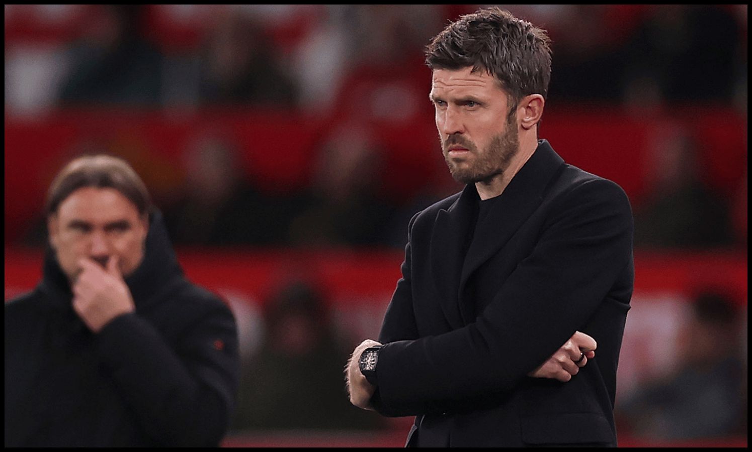 MANCHESTER, ENGLAND - APRIL 13: Michael Carrick, Manager of Manchester United, looks on during the Premier League match between Manchester United and Leeds United at Old Trafford on April 13, 2026 in Manchester, England.