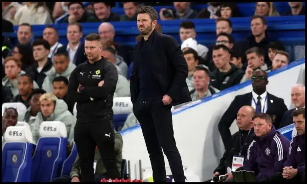 LONDON, ENGLAND - APRIL 18: Michael Carrick, Manager of Manchester United, reacts during the Premier League match between Chelsea and Manchester United at Stamford Bridge on April 18, 2026 in London, England.
