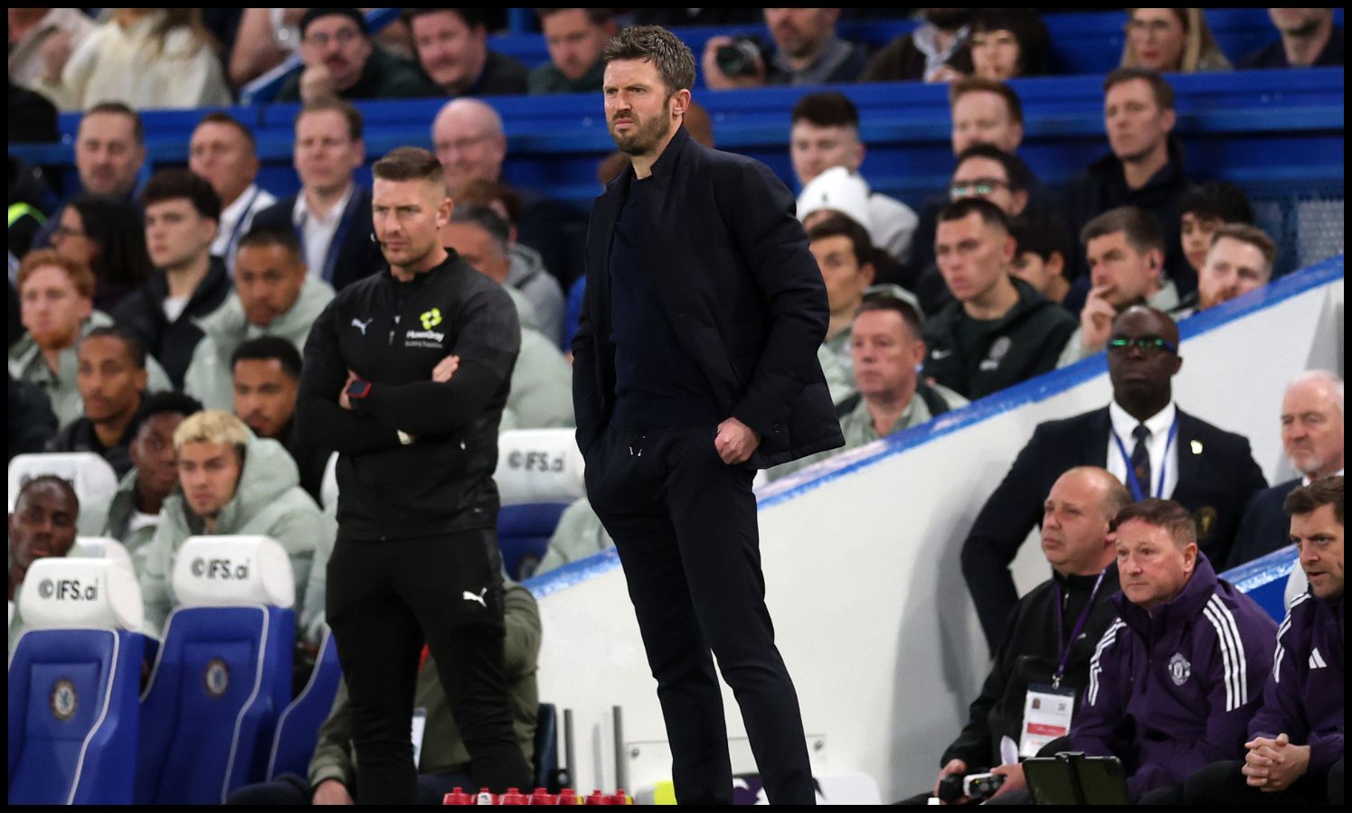 LONDON, ENGLAND - APRIL 18: Michael Carrick, Manager of Manchester United, reacts during the Premier League match between Chelsea and Manchester United at Stamford Bridge on April 18, 2026 in London, England.