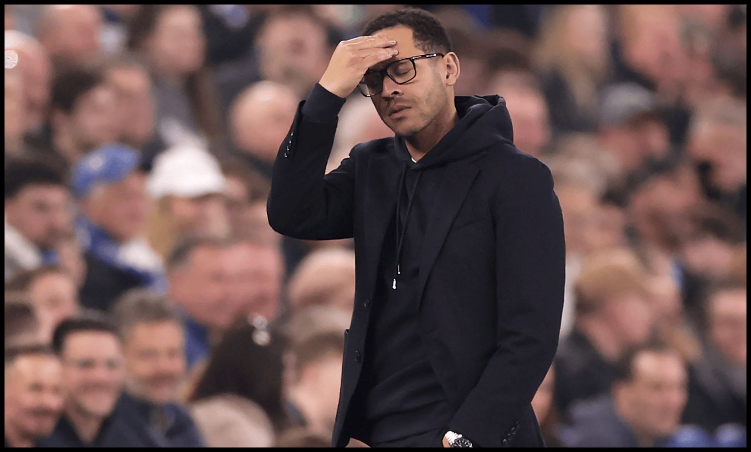 LIVERPOOL, ENGLAND - MARCH 21: Liam Rosenior, Manager of Chelsea, reacts during the Premier League match between Everton and Chelsea at Hill Dickinson Stadium on March 21, 2026 in Liverpool, England.
