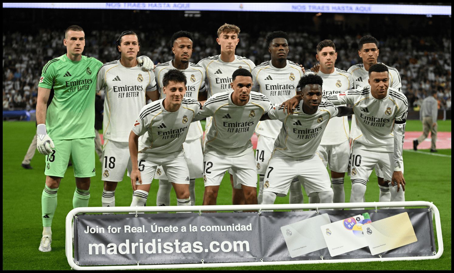 MADRID, SPAIN - APRIL 21: Real Madrid players pose for a team photo during the LaLiga EA Sports match between Real Madrid CF and Deportivo Alaves at Estadio Santiago Bernabeu on April 21, 2026 in Madrid, Spain.