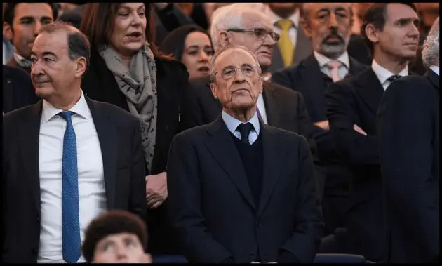 MADRID, SPAIN - FEBRUARY 01: Florentino Perez, President of Real Madrid, looks on prior to the LaLiga EA Sports match between Real Madrid CF and Rayo Vallecano de Madrid at Estadio Santiago Bernabeu on February 01, 2026 in Madrid, Spain.