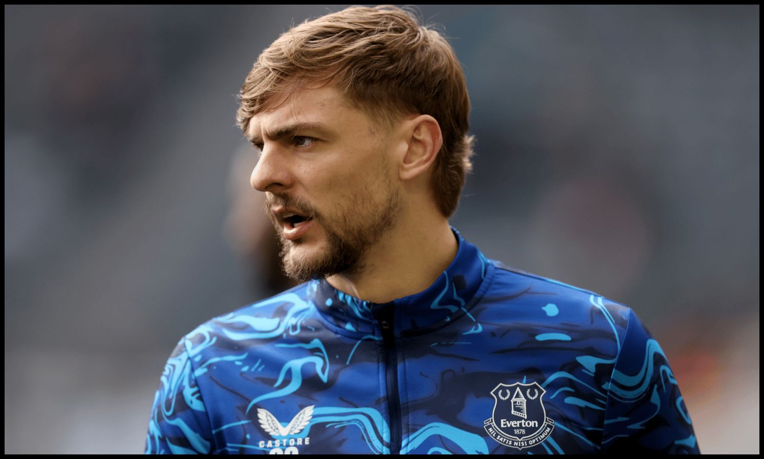 NEWCASTLE UPON TYNE, ENGLAND - FEBRUARY 28: Kiernan Dewsbury-Hall of Everton looks on during the warm up prior to the Premier League match between Newcastle United and Everton at St James' Park on February 28, 2026 in Newcastle upon Tyne, England.