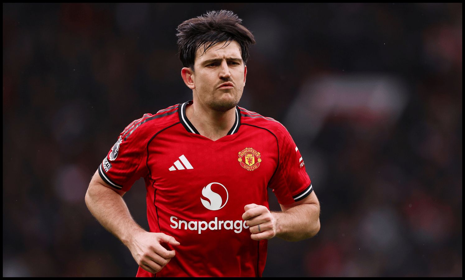 MANCHESTER, ENGLAND - MARCH 15: Harry Maguire of Manchester United looks on during the Premier League match between Manchester United and Aston Villa at Old Trafford on March 15, 2026 in Manchester, England