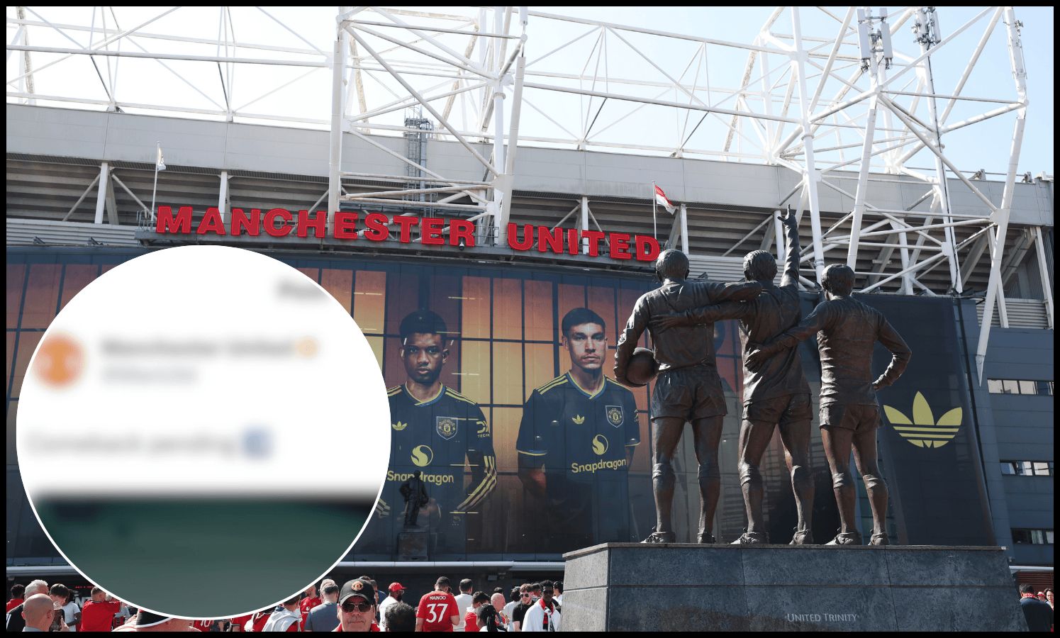 MANCHESTER, ENGLAND - AUGUST 17: General view outside the stadium of The Holy Trinity statue featuring George Best, Denis Kaw and Sir Bobby Charlton prior to the Premier League match between Manchester United and Arsenal at Old Trafford on August 17, 2025 in Manchester, England.