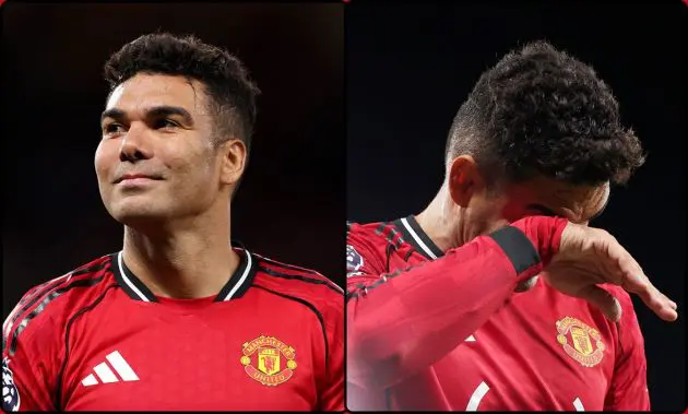 Manchester United midfielder Casemiro looks happy in one picture and wipes his face in another picture.