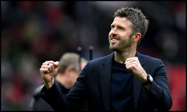Manchester United manager Michael Carrick pumps his fists in celebration.