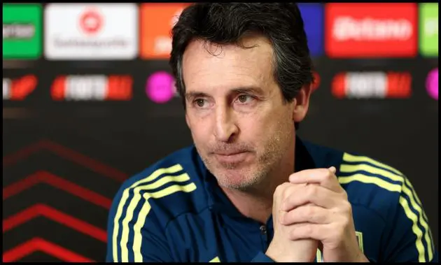 BIRMINGHAM, ENGLAND - APRIL 29: Unai Emery, Manager of Aston Villa, reacts as he speaks to the media during a Aston Villa Press Conference ahead of the UEFA Europa League 2025/26 Semi-Final First Leg against Nottingham Forest at Bodymoor Heath training ground on April 29, 2026 in Birmingham, England.