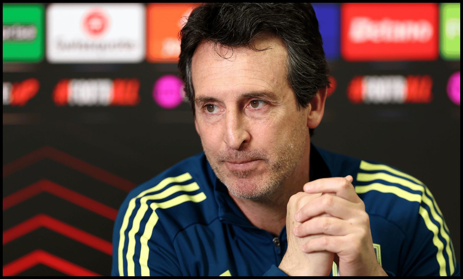 BIRMINGHAM, ENGLAND - APRIL 29: Unai Emery, Manager of Aston Villa, reacts as he speaks to the media during a Aston Villa Press Conference ahead of the UEFA Europa League 2025/26 Semi-Final First Leg against Nottingham Forest at Bodymoor Heath training ground on April 29, 2026 in Birmingham, England.