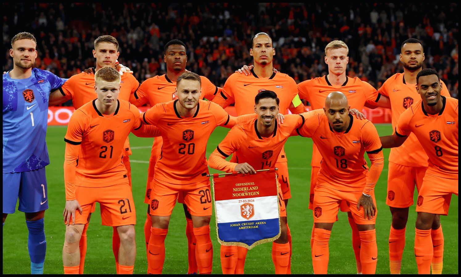 AMSTERDAM, NETHERLANDS - MARCH 27: Players of Netherlands pose for a team photograph prior to the International Friendly between Netherlands and Norway at Johan Cruijff Arena on March 27, 2026 in Amsterdam, Netherlands