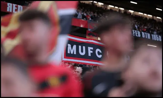 MANCHESTER, ENGLAND - APRIL 27: An MUFC banner is shown by supporters of Manchester United during the Premier League match between Manchester United and Brentford at Old Trafford on April 27, 2026 in Manchester, England.