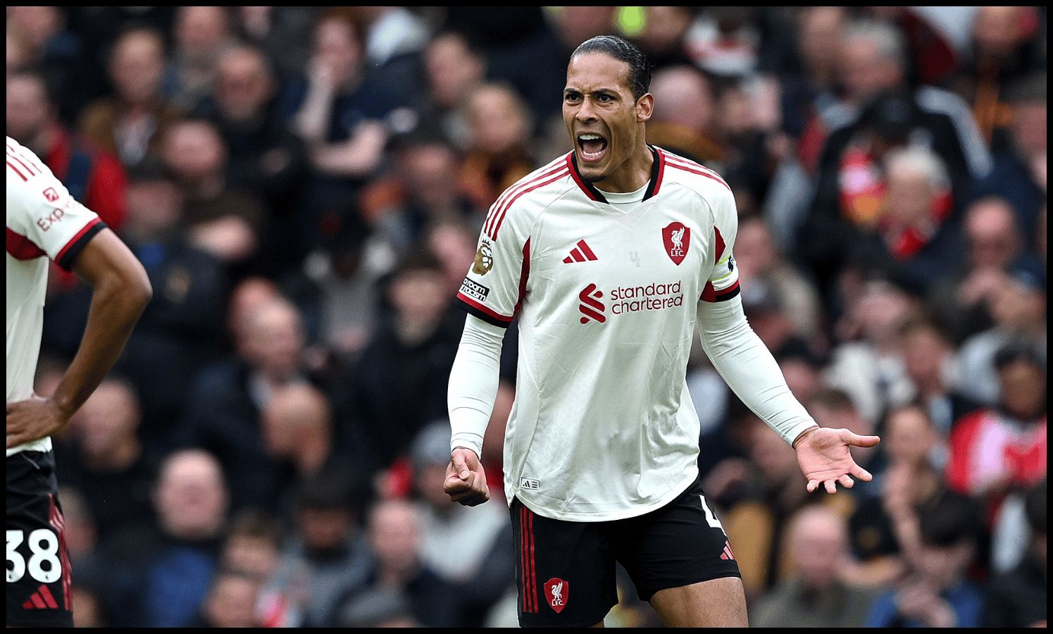 MANCHESTER, ENGLAND - MAY 03: Virgil van Dijk of Liverpool reacts after Benjamin Sesko of Manchester United (not pictured) scores his team's second goal during the Premier League match between Manchester United and Liverpool at Old Trafford on May 03, 2026 in Manchester, England.
