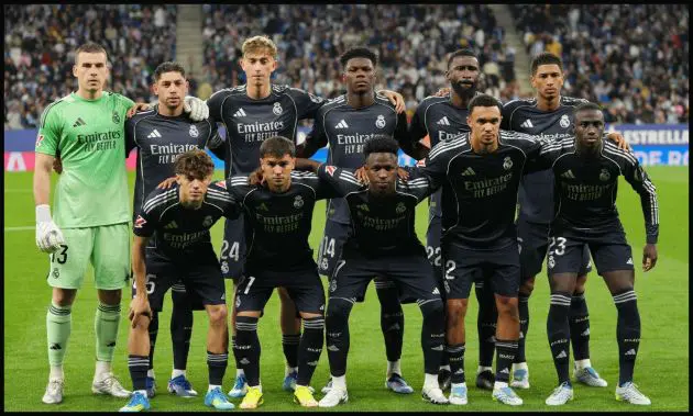 BARCELONA, SPAIN - MAY 03: Players of Real Madrid pose for a team photograph prior to the LaLiga EA Sports match between RCD Espanyol de Barcelona and Real Madrid CF at RCDE Stadium on May 03, 2026 in Barcelona, Spain