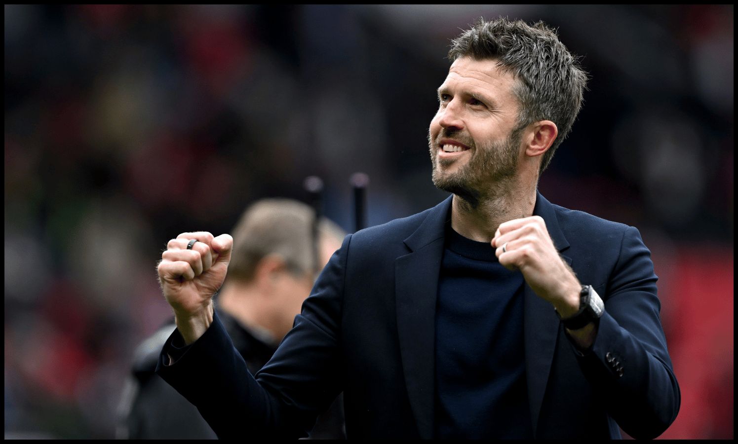 MANCHESTER, ENGLAND - MAY 03: Michael Carrick, Manager of Manchester United, celebrates victory following the Premier League match between Manchester United and Liverpool at Old Trafford on May 03, 2026 in Manchester, England.