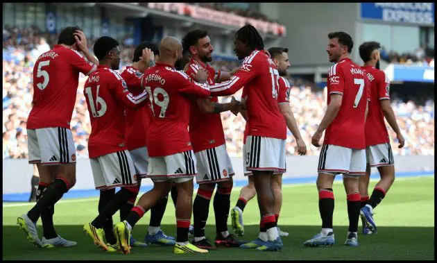 BRIGHTON, ENGLAND - MAY 24: Patrick Dorgu of Manchester United celebrates scoring his team's first goal with teammates during the Premier League match between Brighton & Hove Albion and Manchester United at the Amex Stadium on May 24, 2026 in Brighton, England.