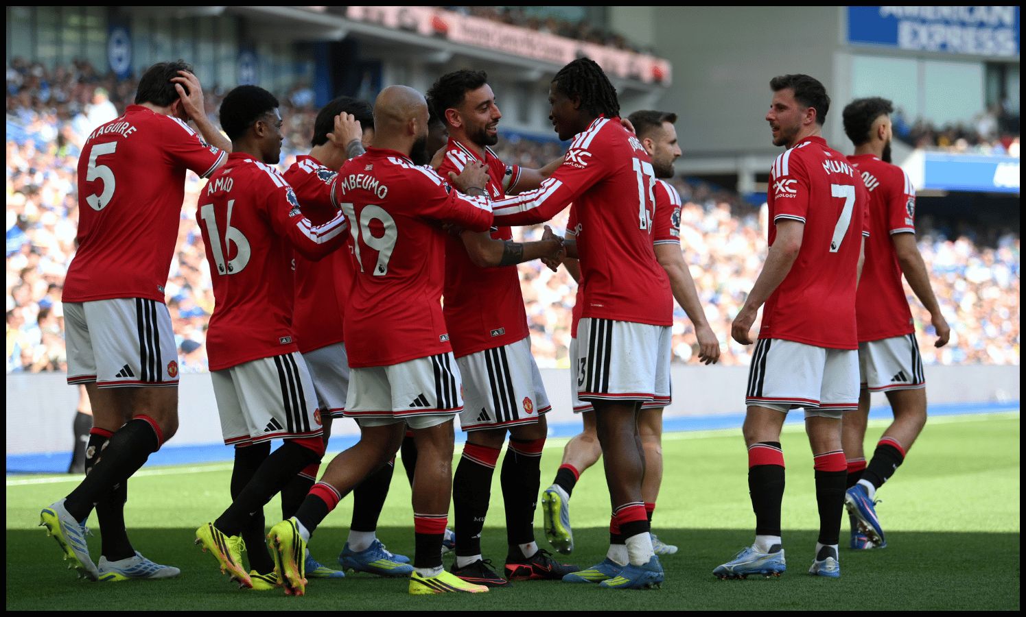 BRIGHTON, ENGLAND - MAY 24: Patrick Dorgu of Manchester United celebrates scoring his team's first goal with teammates during the Premier League match between Brighton & Hove Albion and Manchester United at the Amex Stadium on May 24, 2026 in Brighton, England.