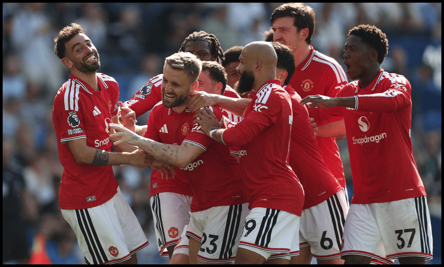 BRIGHTON, ENGLAND - MAY 24: Bruno Fernandes of Manchester United celebrates scoring his team's third goal with teammates during the Premier League match between Brighton & Hove Albion and Manchester United at the Amex Stadium on May 24, 2026 in Brighton, England.