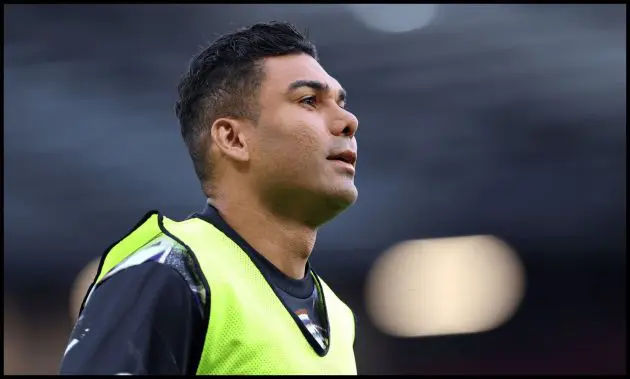 MANCHESTER, ENGLAND - APRIL 27: Casemiro of Manchester United looks on during the warm up prior to the Premier League match between Manchester United and Brentford at Old Trafford on April 27, 2026 in Manchester, England. (Photo by Alex Livesey/Getty Images)