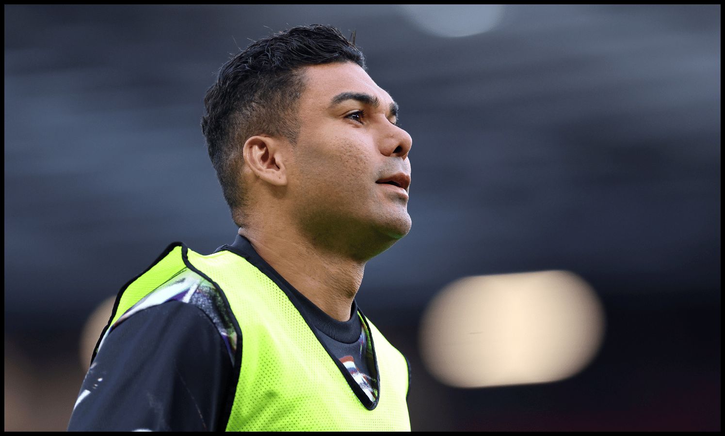 MANCHESTER, ENGLAND - APRIL 27: Casemiro of Manchester United looks on during the warm up prior to the Premier League match between Manchester United and Brentford at Old Trafford on April 27, 2026 in Manchester, England. (Photo by Alex Livesey/Getty Images)