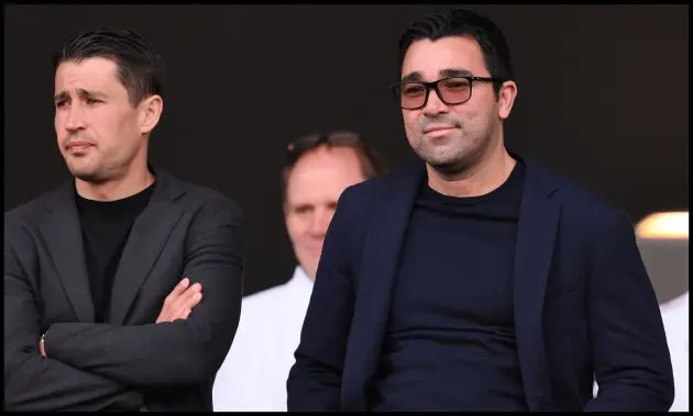 BARCELONA, SPAIN - MAY 19: FC Barcelona football Coordinator Bojan Krkic and FC Barcelona Sports Director Deco look on from the stands during the LaLiga EA Sports match between FC Barcelona and Rayo Vallecano at Estadi Olimpic Lluis Companys on May 19, 2024 in Barcelona, Spain.