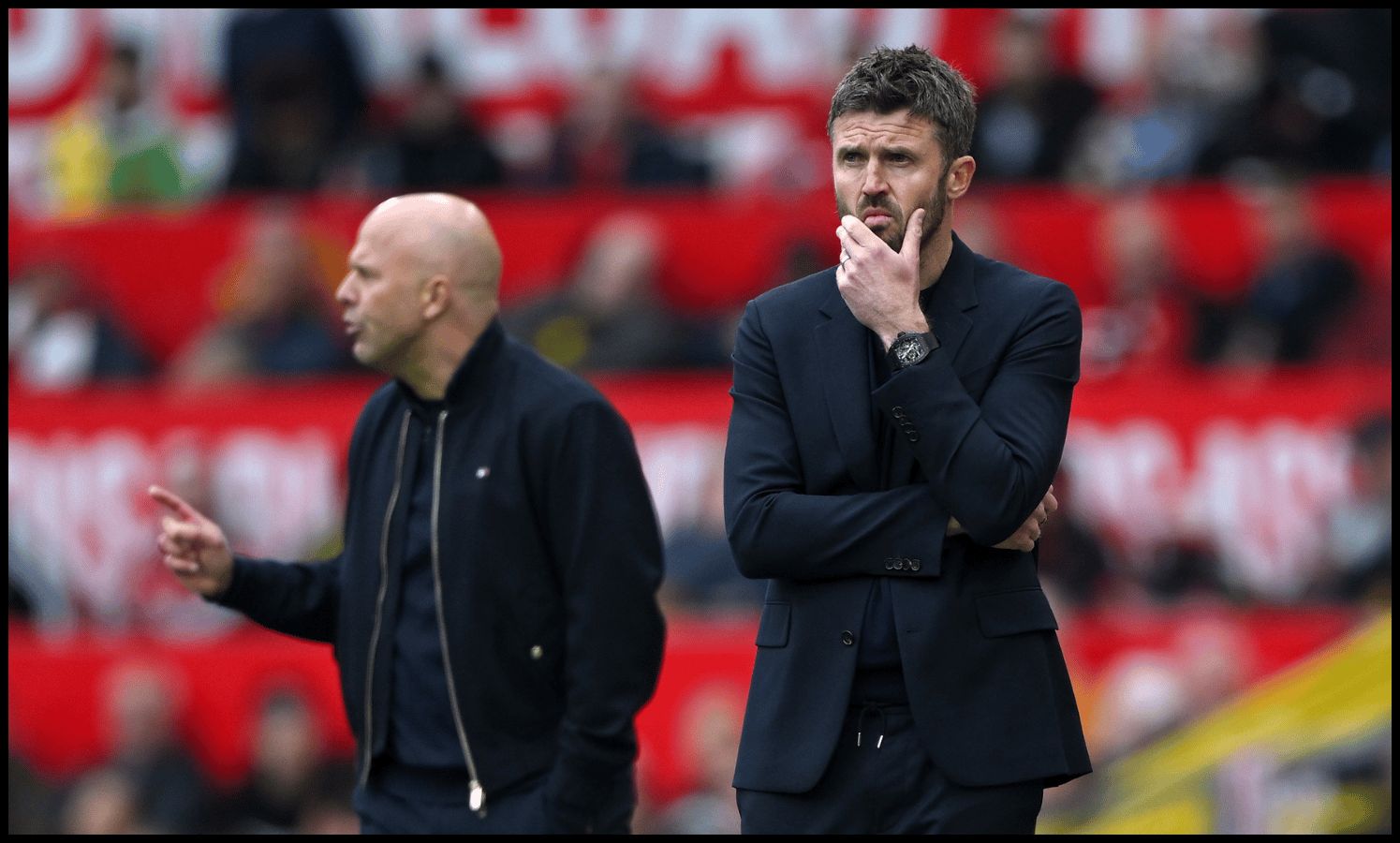 MANCHESTER, ENGLAND - MAY 03: Michael Carrick, Manager of Manchester United, reacts during the Premier League match between Manchester United and Liverpool at Old Trafford on May 03, 2026 in Manchester, England.