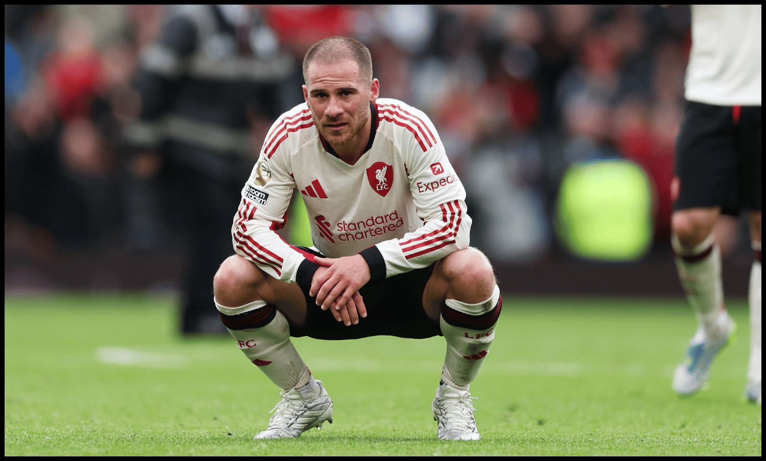 MANCHESTER, ENGLAND - MAY 03: Alexis Mac Allister of Liverpool looks dejected following the Premier League match between Manchester United and Liverpool at Old Trafford on May 03, 2026 in Manchester, England