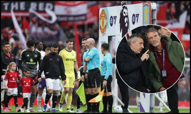 MANCHESTER, ENGLAND - MARCH 15: A general view of the Premier League 'More Than A Game' campaign's handshake board as players of Manchester United and Aston Villa line up prior to the Premier League match between Manchester United and Aston Villa at Old Trafford on March 15, 2026 in Manchester, England