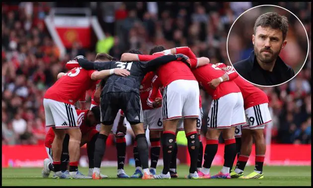 MANCHESTER, ENGLAND - MAY 17: Manchester United players have a team huddle prior to the Premier League match between Manchester United and Nottingham Forest at Old Trafford on May 17, 2026 in Manchester, England.