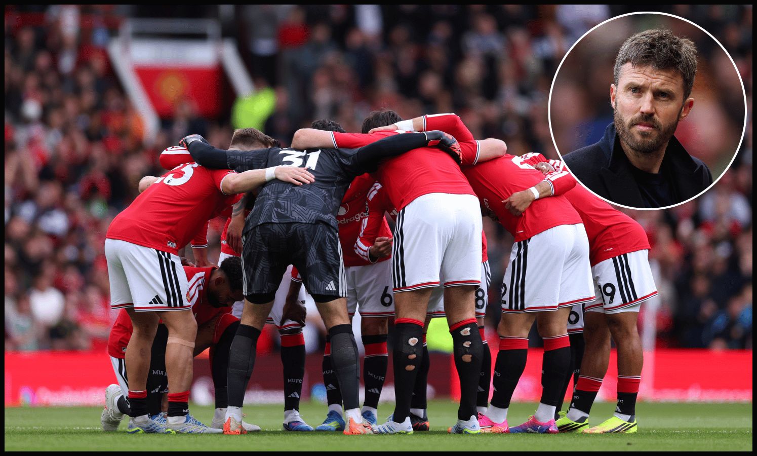 MANCHESTER, ENGLAND - MAY 17: Manchester United players have a team huddle prior to the Premier League match between Manchester United and Nottingham Forest at Old Trafford on May 17, 2026 in Manchester, England.