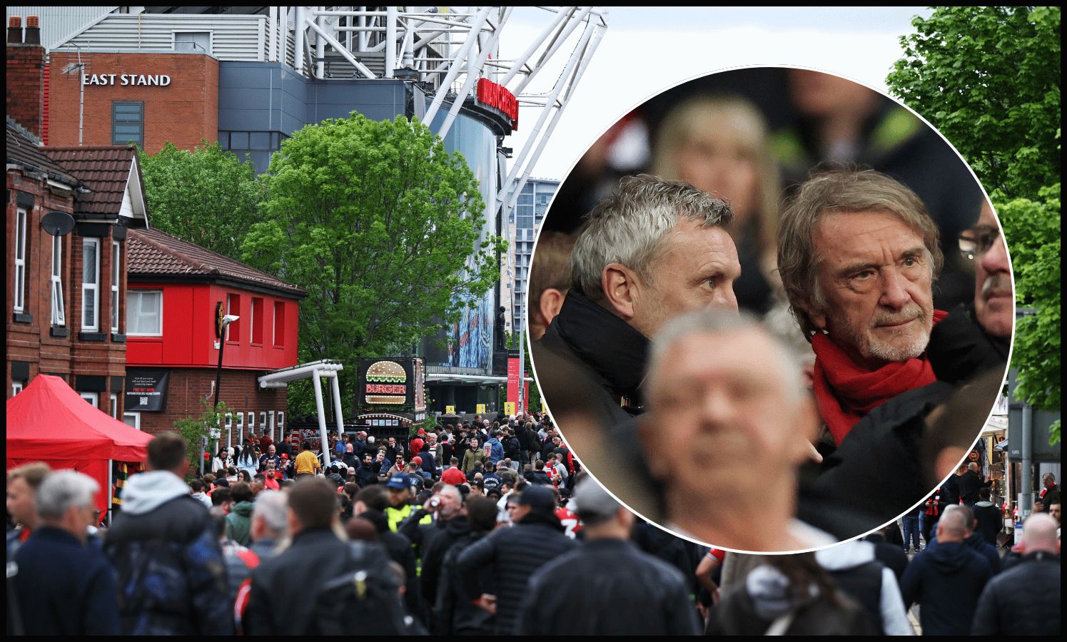 MANCHESTER, ENGLAND - MAY 03: General view outside the stadium, as fans enjoy the pre-match atmosphere prior to the Premier League match between Manchester United and Liverpool at Old Trafford on May 03, 2026 in Manchester, England